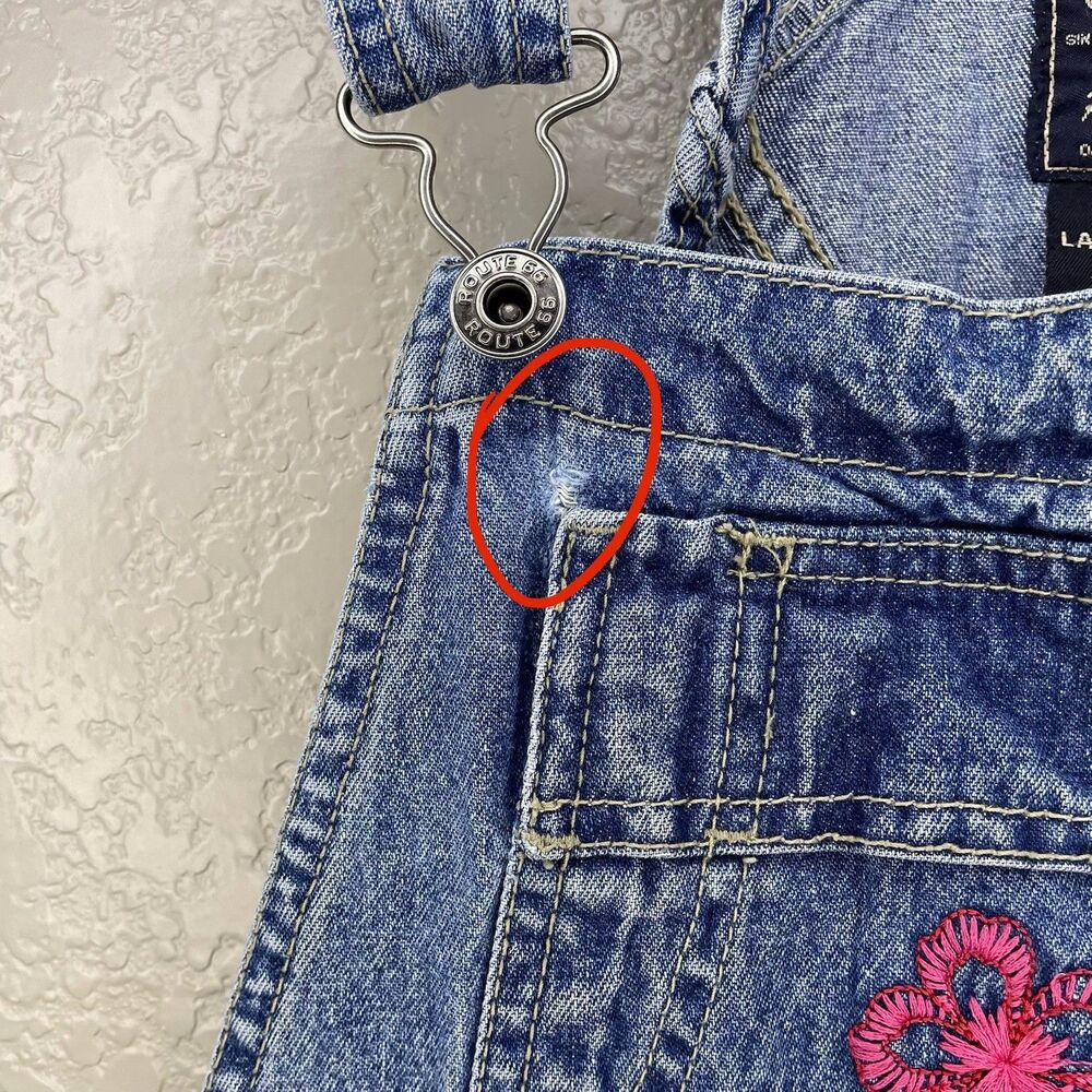 VTG Route 66 Denim Carpenter Short Overalls L Bibs Embroidered Floral Y2K 90s - Picture 4 of 12